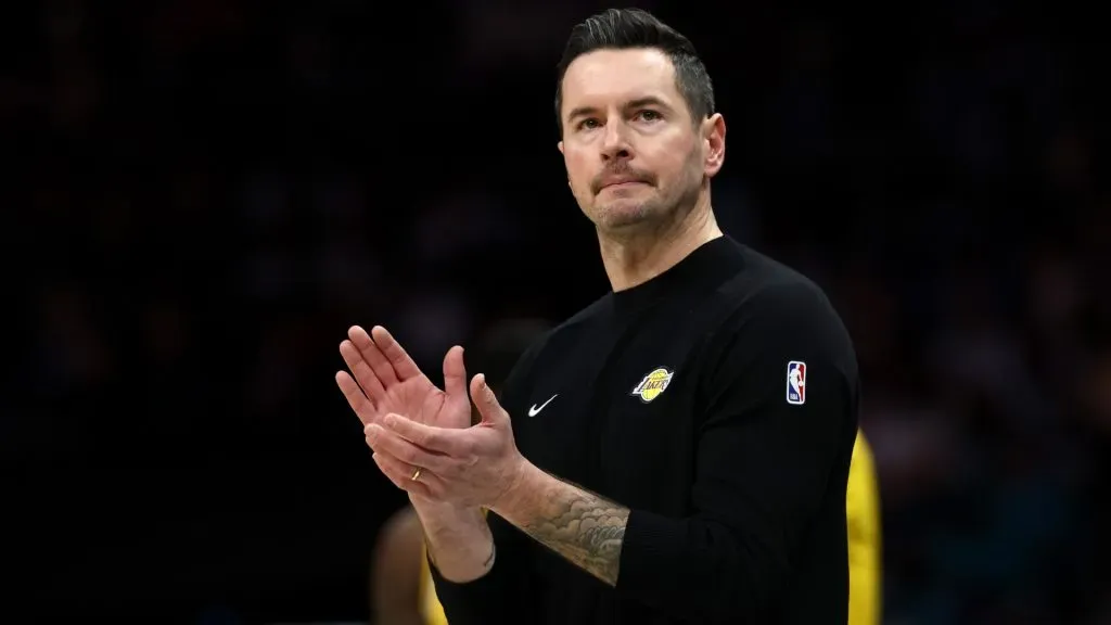 Head coach JJ Redick of the Los Angeles Lakers reacts during the first half of the game against the Charlotte Hornets at Spectrum Center.