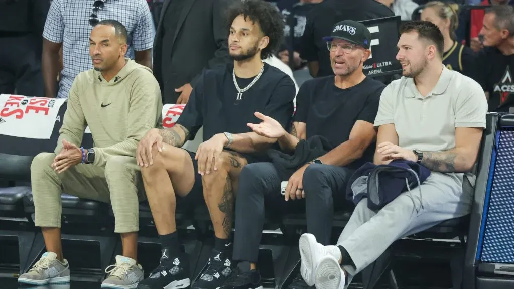 Nico Harrison, Dereck Lively II, Jason Kidd and Luka Doncic attend Game Three of the 2024 WNBA Playoffs semifinals between the New York Liberty and the Las Vegas Aces. (Ethan Miller/Getty Images)