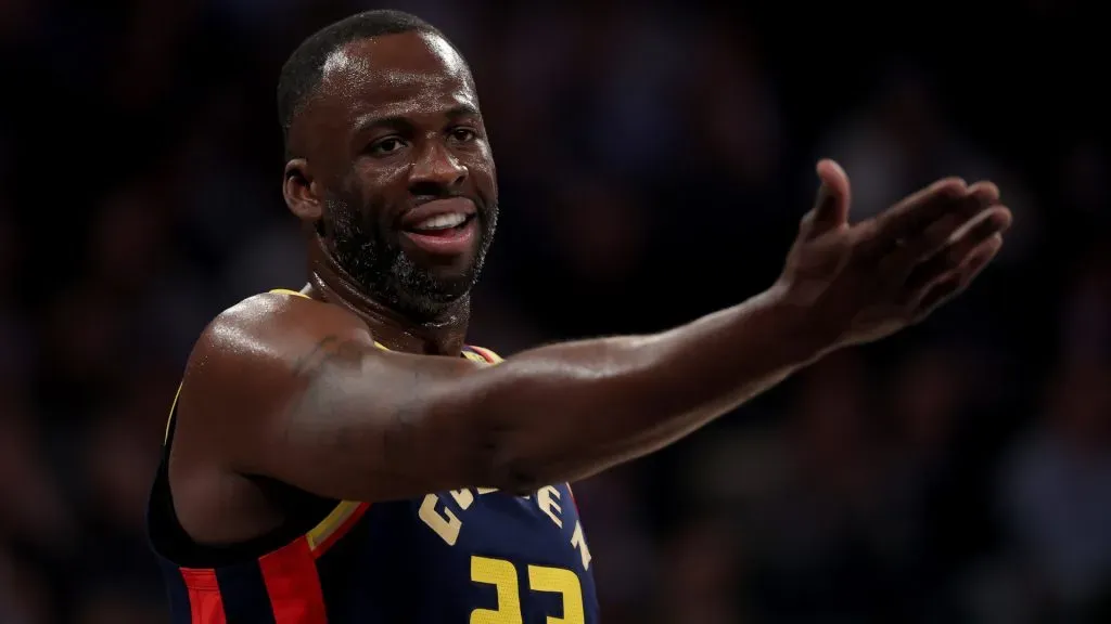 Draymond Green #23 of the Golden State Warriors reacts in the first half against the New York Knicks at Madison Square Garden.