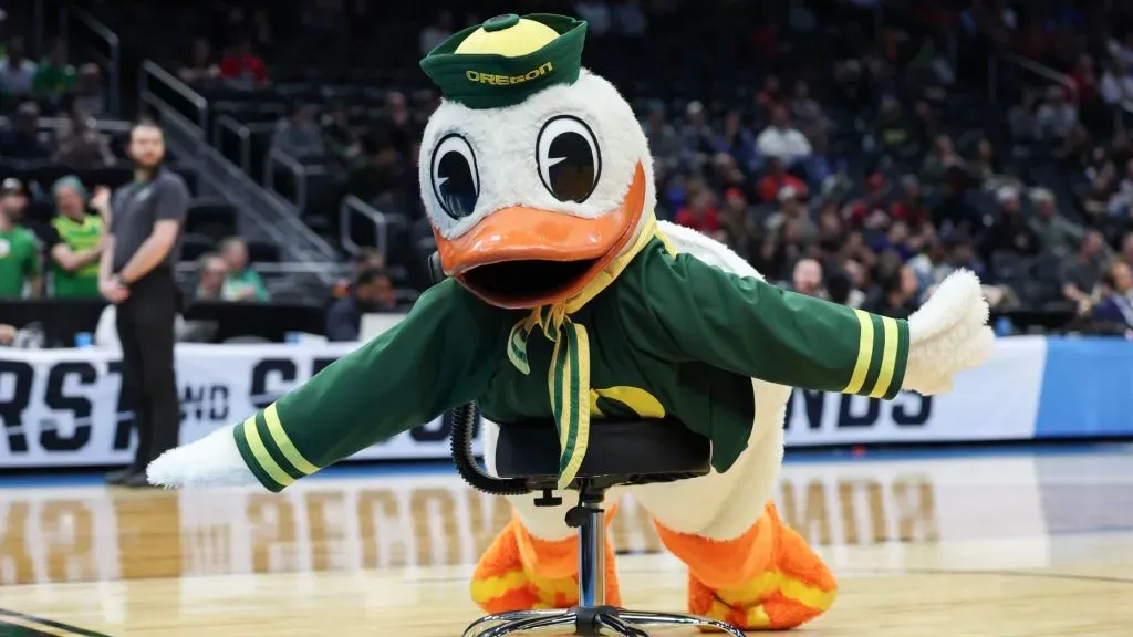 The Oregon Duck rolls on a chair during the second half of a game against the Liberty Flames in the first round of the NCAA Men’s Basketball Tournament in 2025. (Source: Steph Chambers/Getty Images)