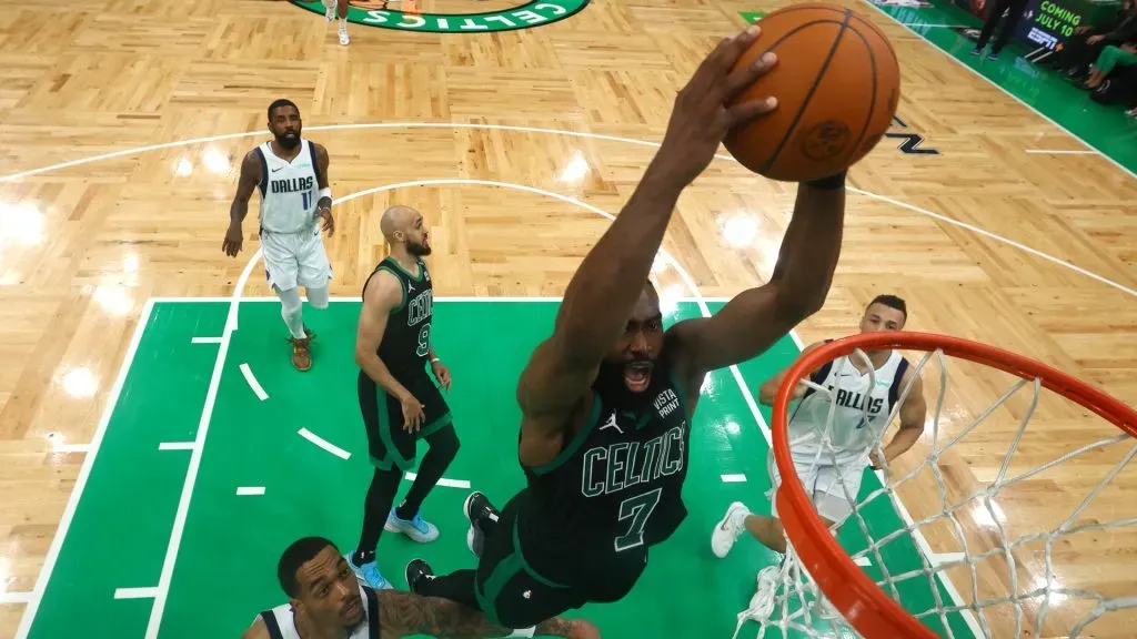 Jaylen Brown #7 of the Boston Celtics dunks the ball over P.J. Washington #25 of the Dallas Mavericks during the second half in Game Two of the 2024 NBA Finals. (Source: Maddie Meyer/Getty Images)