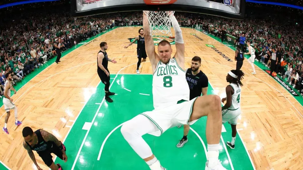 Kristaps Porzingis #8 of the Boston Celtics dunks the ball during the first quarter against the Dallas Mavericks in Game One of the 2024 NBA Finals. (Source: Maddie Meyer/Getty Images)