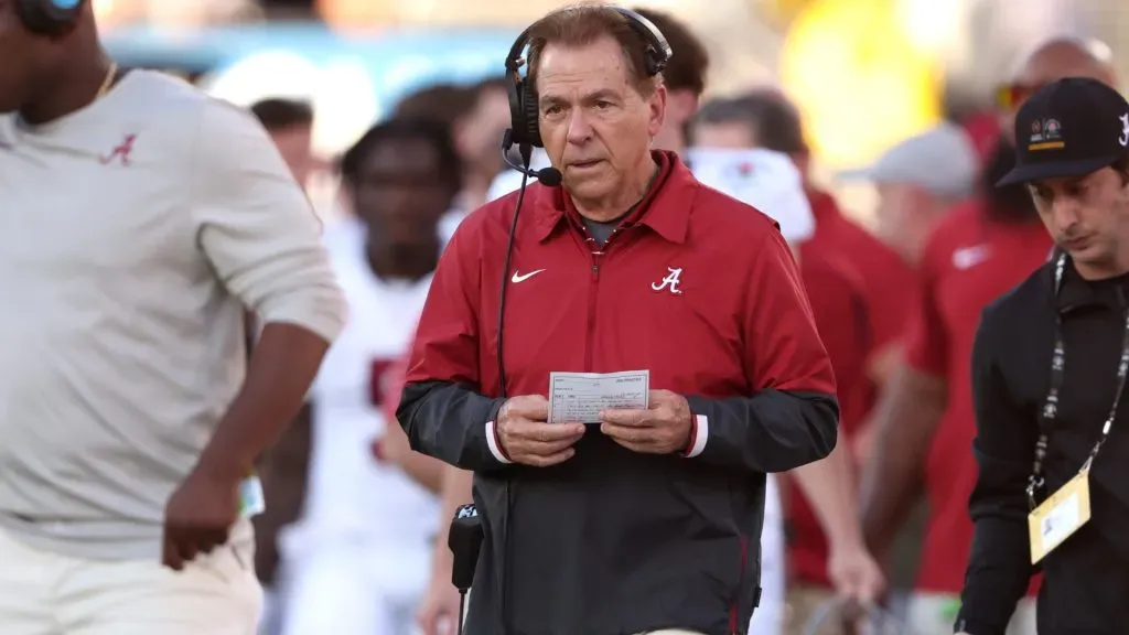 Head coach Nick Saban of the Alabama Crimson Tide looks on in the second quarter against the Michigan Wolverines during the CFP Semifinal Rose Bowl Game in 2024. (Source: Sean M. Haffey/Getty Images)