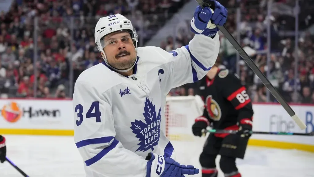 Auston Matthews #34 of the Toronto Maple Leafs celebrates his goal against the Ottawa Senators during the third period of Game Three of the First Round of the 2025 Stanley Cup Playoffs on April 24, 2025 in Ottawa, Ontario, Canada. (Photo by Chris Tanouye/Freestyle Photography/Getty Images)