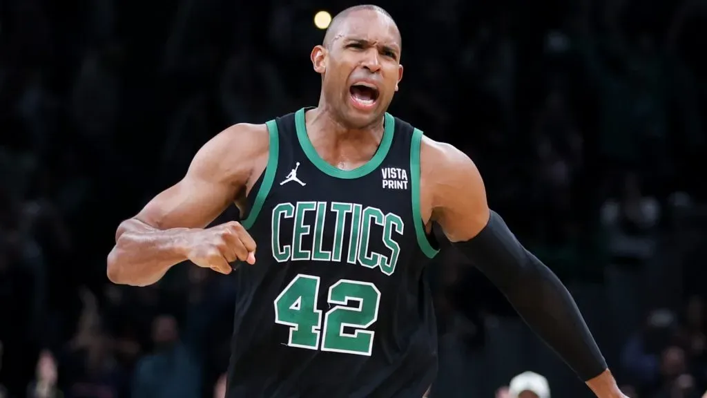 Al Horford #42 of the Boston Celtics celebrates a win against the Cleveland Cavaliers in Game Five of the Eastern Conference Second Round Playoffs at TD Garden on May 15, 2024. (Source: Adam Glanzman/Getty Images)