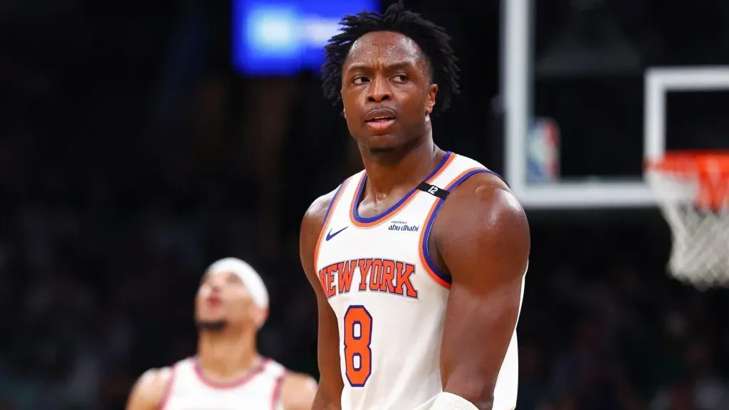 Anunoby #8 of the New York Knicks reacts in the third quarter against the Boston Celtics in the second game of the second NBA playoffs of the Eastern Conference on May 07, 2025 (Source: Maddie Meyer/Getty Images)