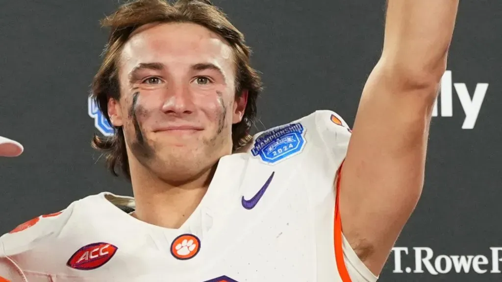 Dabo Swinney, Cade Klubnik #2 and the Clemson Tigers celebrate after winning the 2024 ACC Football Championship
