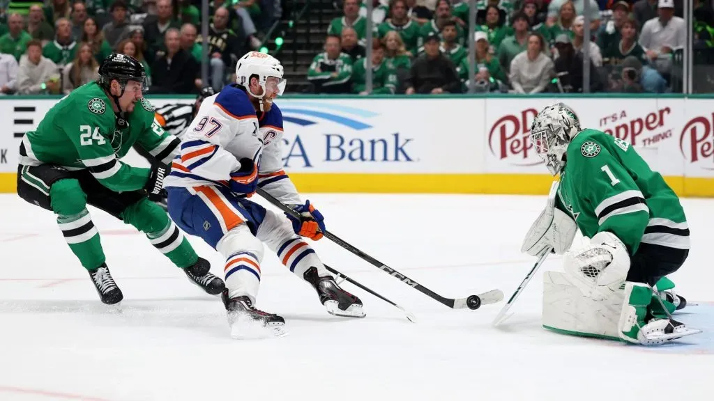 Connor McDavid #97 of the Edmonton Oilers scores a goal against Casey DeSmith #1 of the Dallas Stars during the second period in Game Five of the Western Conference Final of the 2025 Stanley Cup Playoffs at American Airlines Center on May 29, 2025 in Dallas, Texas. (Photo by Steph Chambers/Getty Images)