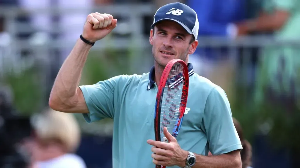 Tommy Paul celebrates following victory against Sebastian Korda in the Men’s Singles Semi Final match on Day Six of the cinch Championships on June 22, 2024. (Source: Mike Hewitt/Getty Images)