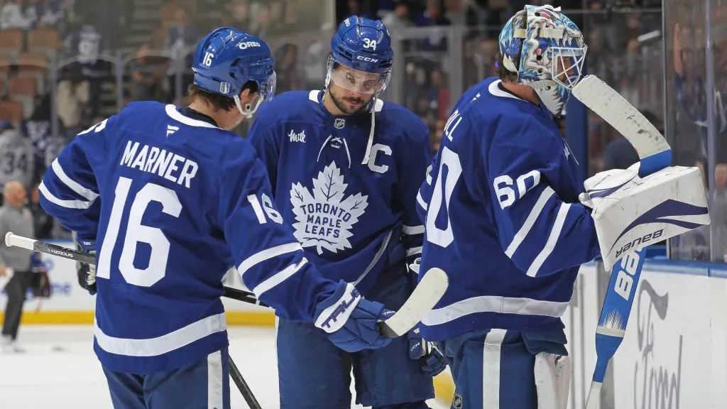 A dejected trio of Toronto Maple Leafs Mitchell Marner #16, Auston Matthews #34, and Joseph Woll #60 leave the ice for the last time this season after losing to the Florida Panthers in Game Seven of the Second Round of the 2025 Stanley Cup Playoffs at Scotiabank Arena on May 18, 2025 in Toronto, Ontario, Canada. (Photo by Claus Andersen/Getty Images)