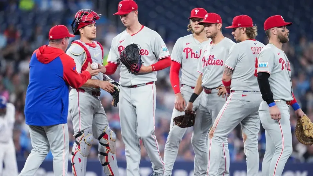 : Mick Abel #40 of the Philadelphia Phillies is taken out of the game by manager Rob Thomson in a break in play against the Toronto Blue Jays during the sixth inning against the Toronto Blue Jays in their MLB game at the Rogers Centre on June 4, 2025 in Toronto, Ontario, Canada. (Photo by Mark Blinch/Getty Images)