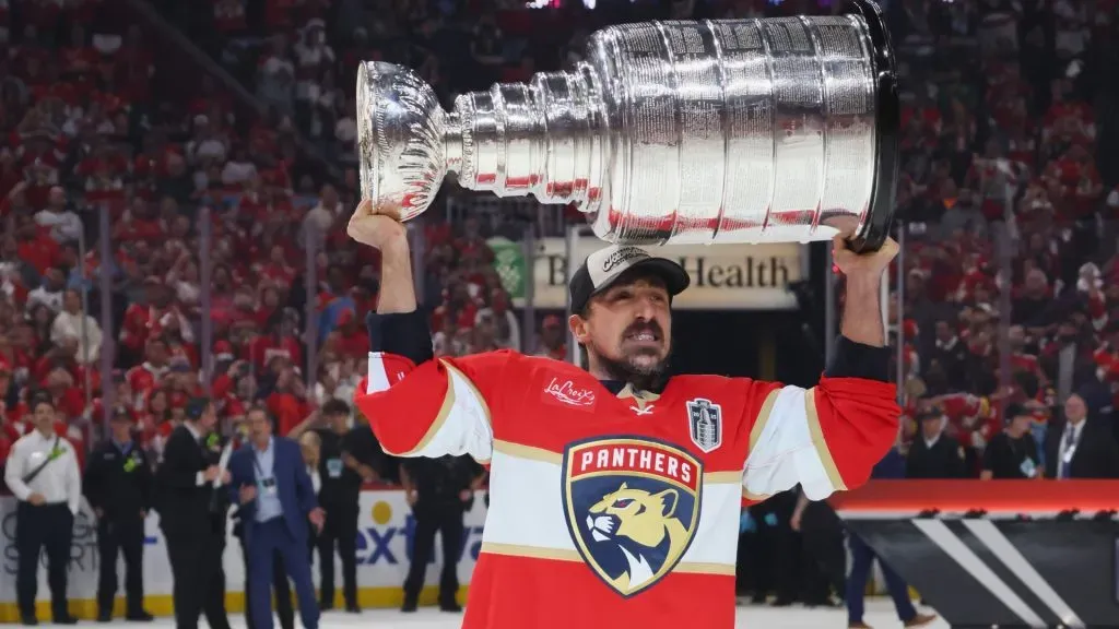 Brad Marchand #63 of the Florida Panthers celebrates with the Stanley Cup following the Cup win against the Edmonton Oilers in Game Six of the 2025 NHL Stanley Cup Final at Amerant Bank Arena on June 17, 2025 in Sunrise, Florida. (Photo by Bruce Bennett/Getty Images)