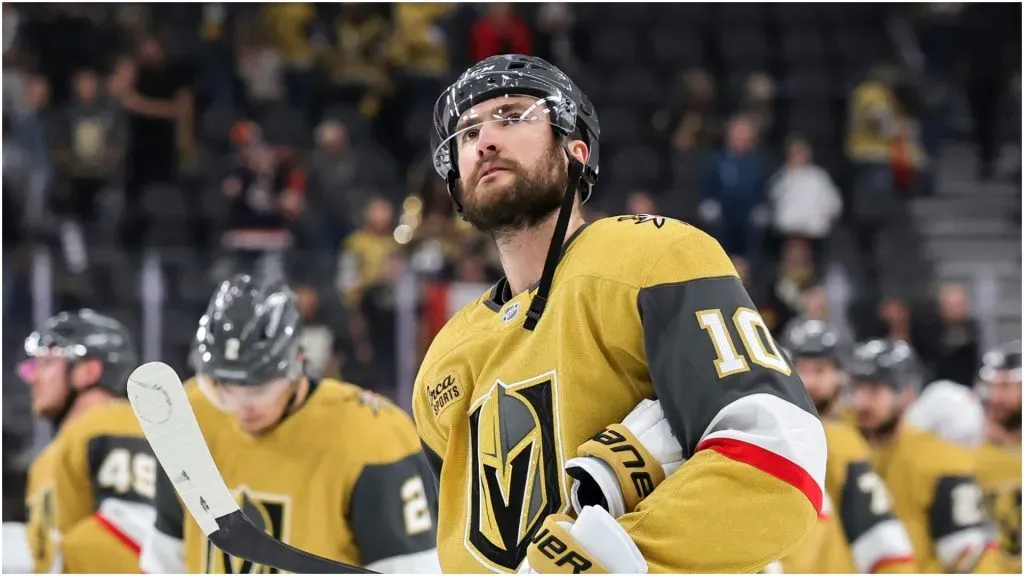 Nicolas Roy #10 of the Vegas Golden Knights looks on after shaking hands with the Edmonton Oilers following Game Five of the Second Round of the 2025 Stanley Cup Playoffs at T-Mobile Arena on May 14, 2025 in Las Vegas, Nevada.