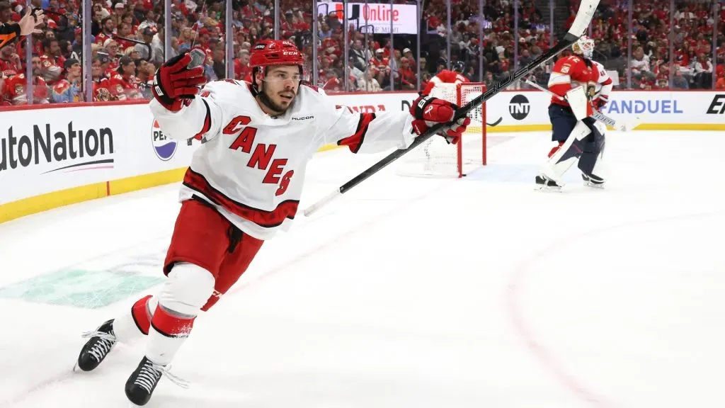 Logan Stankoven #22 of the Carolina Hurricanes celebrates after scoring a goal against Sergei Bobrovsky #72 of the Florida Panthers during the second period in Game Four of the Eastern Conference Final of the 2025 Stanley Cup Playoffs at Amerant Bank Arena on May 26, 2025 in Sunrise, Florida. (Photo by Bruce Bennett/Getty Images)
