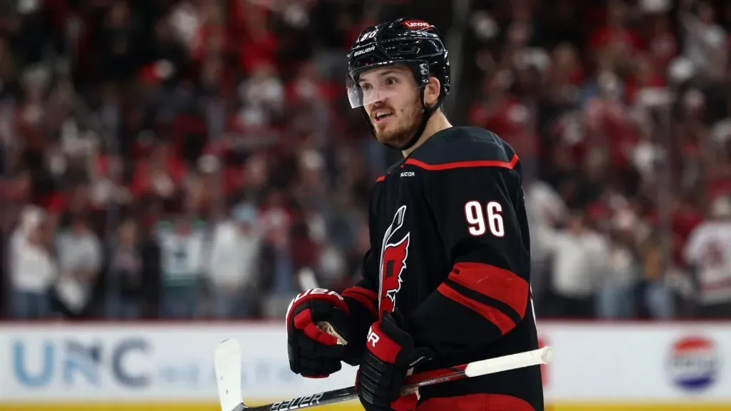 Jack Roslovic #96 of the Carolina Hurricanes looks on during the third period in Game Three of the Second Round of the 2025 Stanley Cup Playoffs at Lenovo Center against the Washington Capitals at Lenovo Center on May 10, 2025 in Raleigh, North Carolina. (Photo by Jared C. Tilton/Getty Images)
