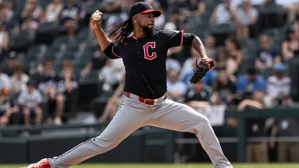 Emmanuel Clase #48 of the Cleveland Guardians delivers a pitch in the ninth inning against the Chicago White Sox at Rate Field on July 13, 2025 in Chicago, Illinois. (Photo by Griffin Quinn/Getty Images)