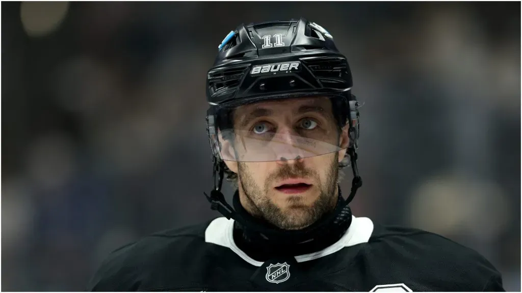 Anze Kopitar #11 of the Los Angeles Kings looks on against the St. Louis Blues during the first period at Crypto.com Arena on March 08, 2025 in Los Angeles, California.