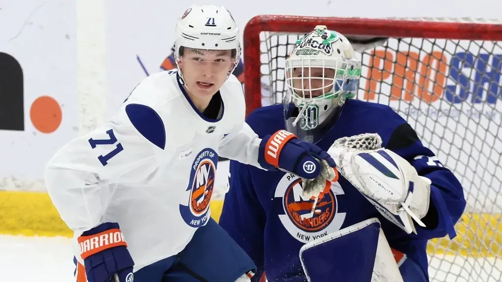 Matthew Schaefer #71 takes part in practice during the New York Islanders 2025 Development Camp at Northwell Health Ice Center at Eisenhower Park on June 30, 2025 in East Meadow, New York. (Photo by Bruce Bennett/Getty Images)