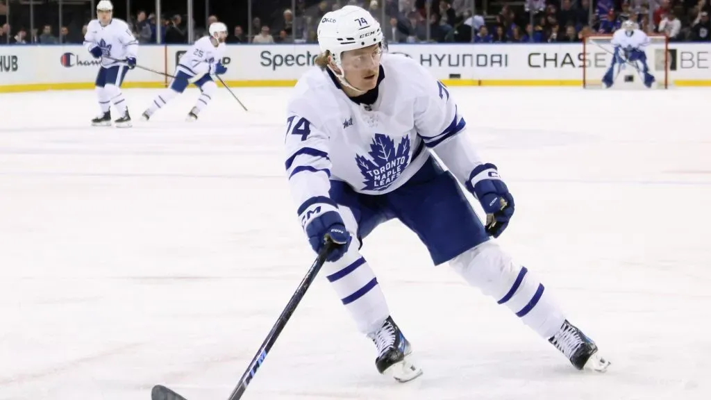 Bobby McMann #74 of the Toronto Maple Leafs skates against the New York Rangers at Madison Square Garden on February 28, 2025 in New York City. (Photo by Bruce Bennett/Getty Images)