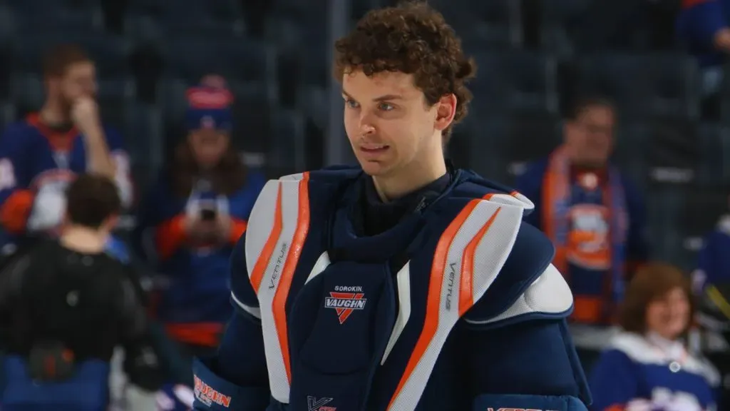 Ilya Sorokin #30 of the New York Islanders leaves the ice following the last home game against the Washington Capitals at UBS Arena on April 15, 2025 in Elmont, New York. (Photo by Bruce Bennett/Getty Images)