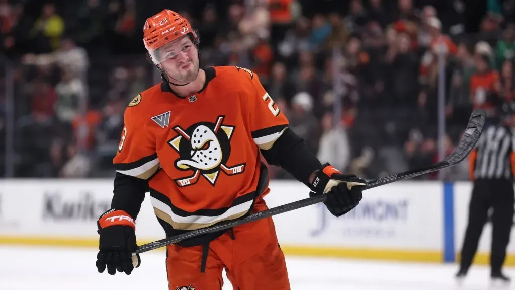 Mason McTavish #23 of the Anaheim Ducks looks on after losing 4-3 to the St. Louis Blues during the third period of a game at Honda Center on March 07, 2025 in Anaheim, California. (Photo by Sean M. Haffey/Getty Images)