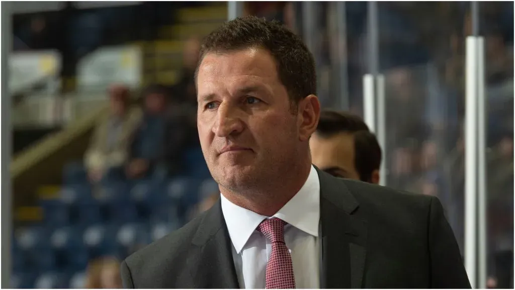 Adam Foote stands on the bench for his first ever WHL game as a head coach for the Kelowna Rockets against the Swift Current Broncos at Prospera Place on October 23, 2018 in Kelowna, Canada.