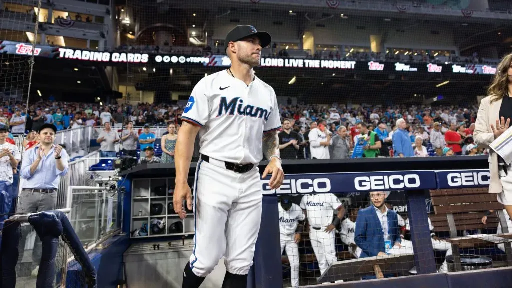 Miami Marlins manager Skip Schumaker enters the field against the Pittsburgh Pirates on Opening Day at loanDepot park on March 28, 2024 in Miami, Florida. (Photo by Brennan Asplen/Getty Images)