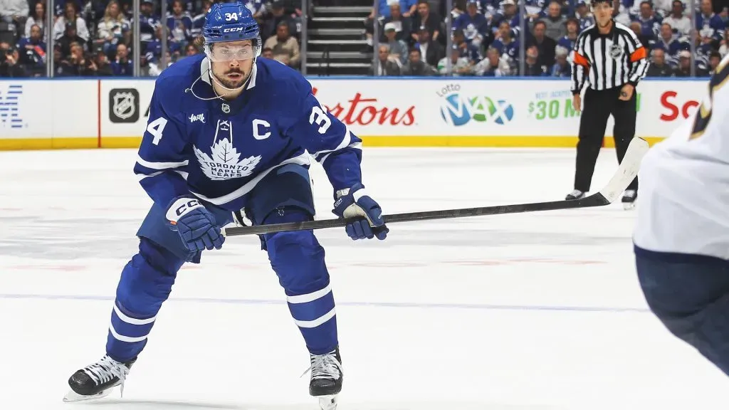 Auston Matthews #34 of the Toronto Maple Leafs skates against the Florida Panthers during the second period in Game Seven of the Second Round of the 2025 Stanley Cup Playoffs at Scotiabank Arena on May 18, 2025 in Toronto, Ontario, Canada. (Photo by Claus Andersen/Getty Images)