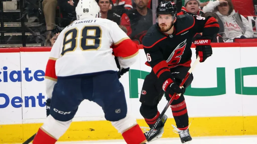 Jack Roslovic #96 of the Carolina Hurricanes skates against the Florida Panthers in Game Two of the Eastern Conference Final of the 2025 Stanley Cup Playoffs at Lenovo Center on May 22, 2025 in Raleigh, North Carolina. (Photo by Bruce Bennett/Getty Images)