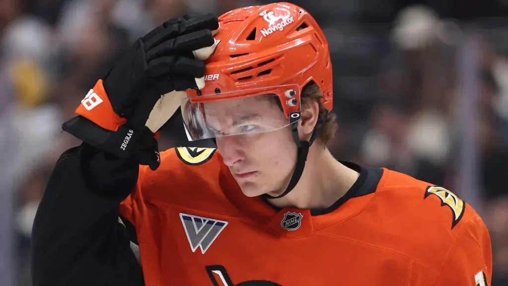 Trevor Zegras #11 with the Anaheim Ducks looks on during the third period of a game against the New York Islanders at Honda Center on March 09, 2025 in Anaheim, California. (Photo by Sean M. Haffey/Getty Images)
