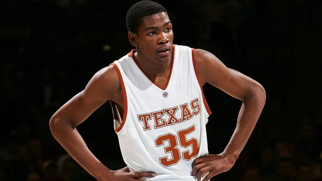 Kevin Durant looks on during a break in game action against the New Mexico State Aggies during the first round of the NCAA Men’s Basketball Tournament in 2007. (Source: Jonathan Ferrey/Getty Images)
