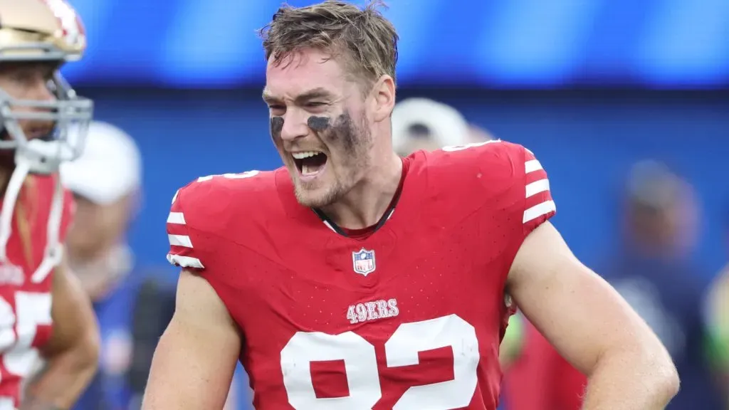 Ross Dwelley #82 of the San Francisco 49ers reacts during warm ups before the game against the Los Angeles Rams at SoFi Stadium on September 17, 2023 in Inglewood, California.