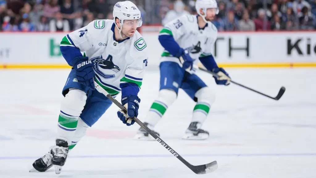 Jake DeBrusk #74 of the Vancouver Canucks skates with the puck. (Photo by C. Morgan Engel/Getty Images)