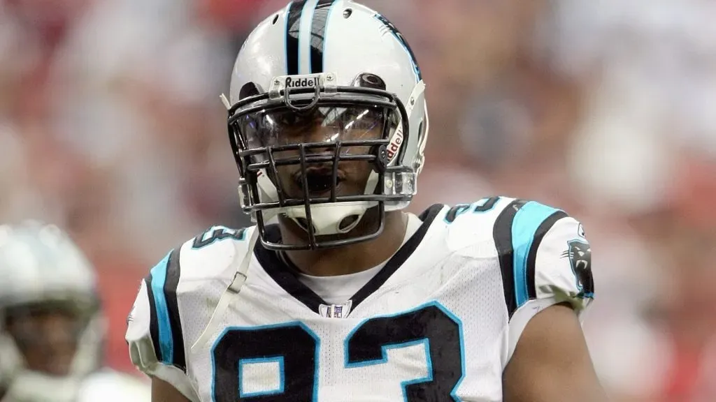 Mike Rucker #93 of the Carolina Panthers looks on before the game with the Arizona Cardinals in 2007. (Source: Stephen Dunn/Getty Images)