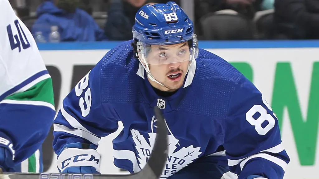Nick Robertson #89 of the Toronto Maple Leafs skates during an NHL game. (Photo by Claus Andersen/Getty Images)