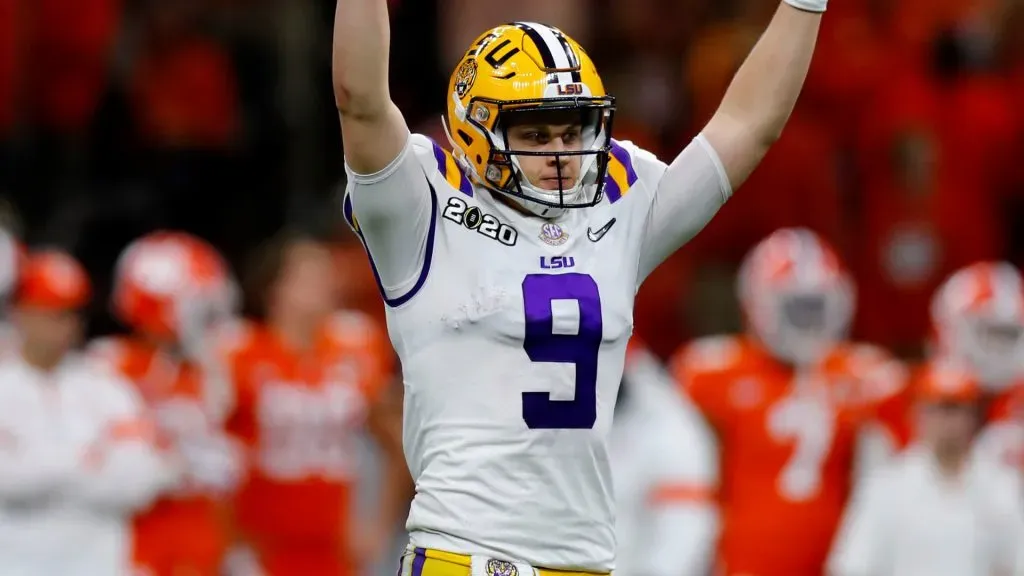Joe Burrow #9 of the LSU Tigers reacts to a touchdown in 2020. (Source: Jonathan Bachman/Getty Images)