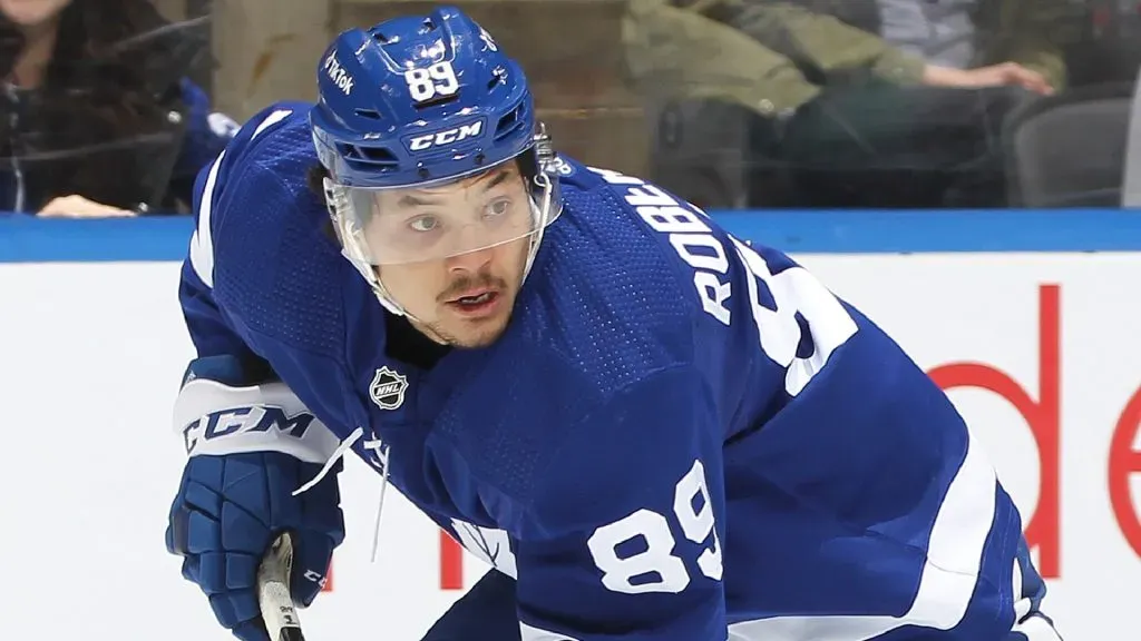 Nick Robertson #89 of the Toronto Maple Leafs skates with the puck. Claus Andersen/Getty Images