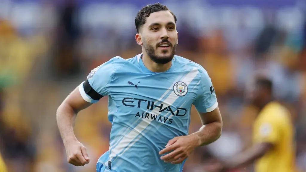 Rayan Cherki celebrates after scoring a goal for Manchester CIty. (Getty Images)