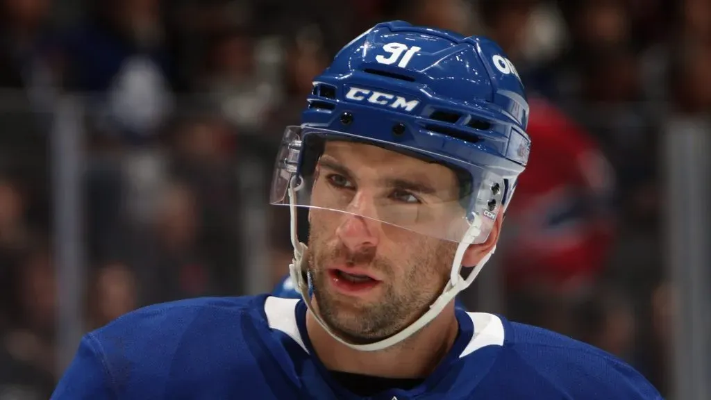 John Tavares #91 of the Toronto Maple Leafs skates against the Montreal Canadiens at Scotiabank Arena on November 09, 2024 in Toronto, Ontario, Canada.