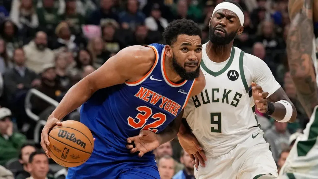 Karl-Anthony Towns in action against Bobby Portis of the Milwaukee Bucks. (Getty Images)