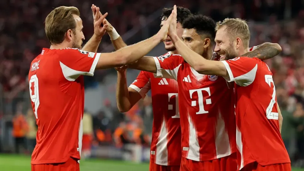 Luis Diaz of Bayern Munich celebrates scoring his teamβs third goal with his teammates. (Getty)