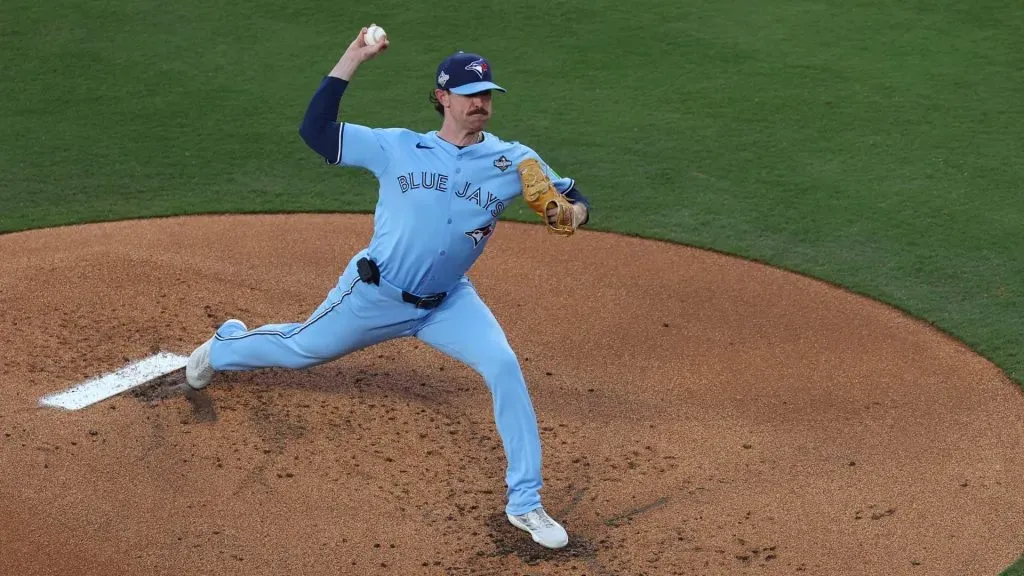 Shane Bieber #57 of the Blue Jays throws a pitch in the first inning against the Dodgers in game four of the World Series.  Patrick Smith/Getty Images