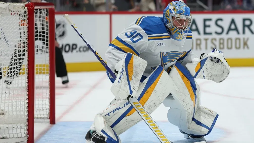 Goalie Joel Hofer #30 of the SBlues tends net against the Capitals. Patrick Smith/Getty Images