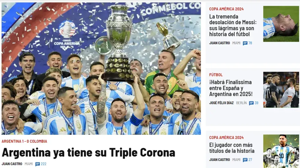 La portada de la web de Marca, copada por noticias sobre la Selección Argentina bicampeona de América.