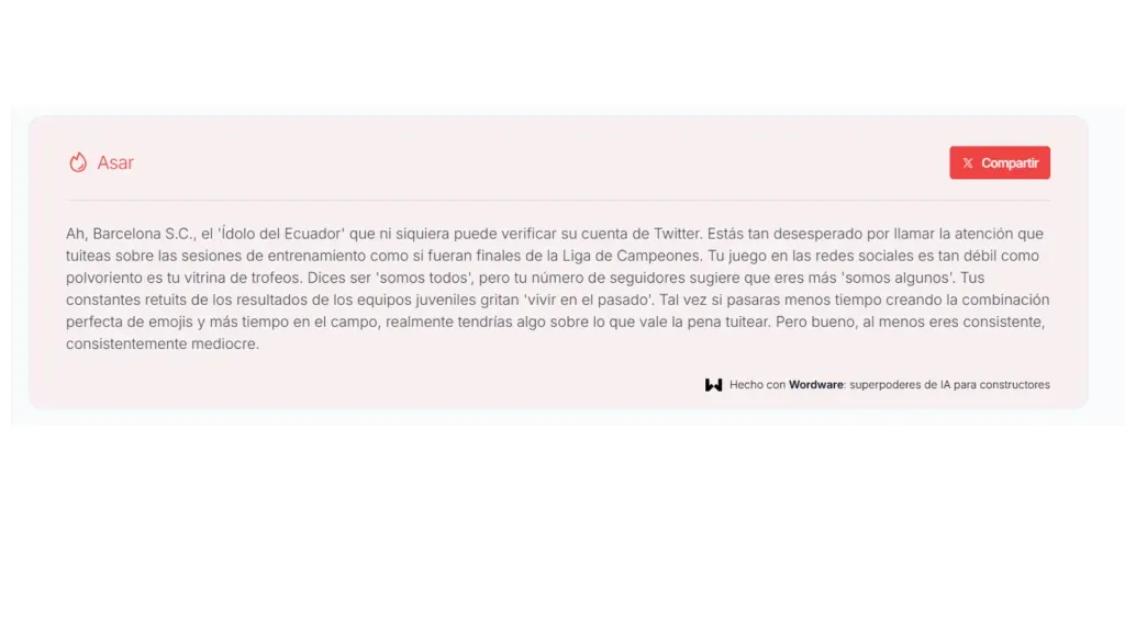 Lo que dice ‘Wordware’ de Barcelona SC. (Captura de pantalla: Wordware)