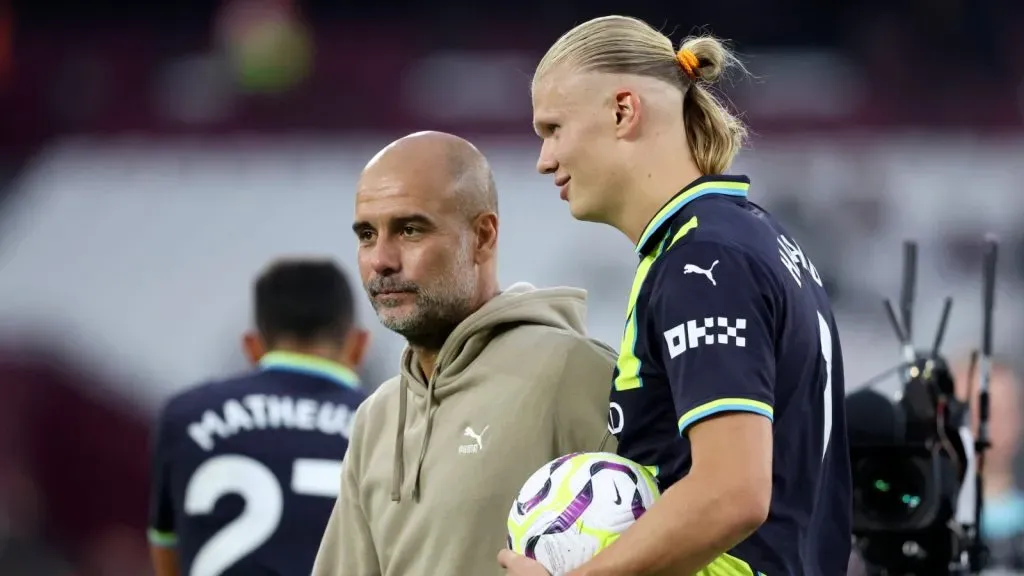 Haaland y Guardiola celebran uno de los hat-tricks del noruego en la Premier League: IMAGO