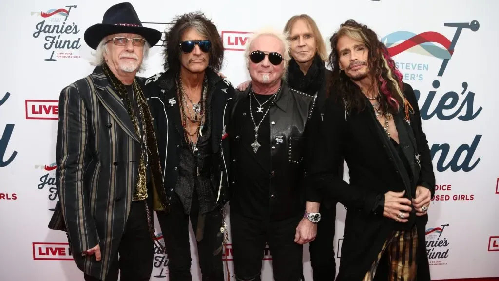 Brad Whitford, Joe Perry, Joey Kramer, Tom Hamilton and Steven Tyler of Aerosmith attend Steven Tyler’s Second Annual GRAMMY Awards Viewing Party. (Source: Tommaso Boddi/Getty Images for Janie’s Fund)