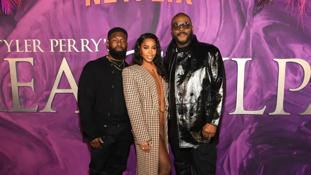 Trevante Rhodes, Kelly Rowland, and Tyler Perry attends Tyler Perry’s Mea Culpa Premiere at The Paris Theatre on February 15, 2024. (Source: Noam Galai/Getty Images for Netflix)