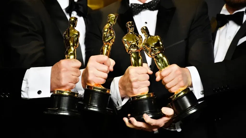 Winners of the Best Sound Mixing award for ‘Hacksaw Ridge’ pose in the press room during the 89th Annual Academy Awards. (Source: Frazer Harrison/Getty Images)