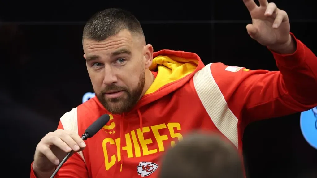Travis Kelce talks to the media during a Kansas City Chiefs press conference at DFB Campus on November 03, 2023 in Frankfurt am Main, Germany. (Source: Alex Grimm/Getty Images)